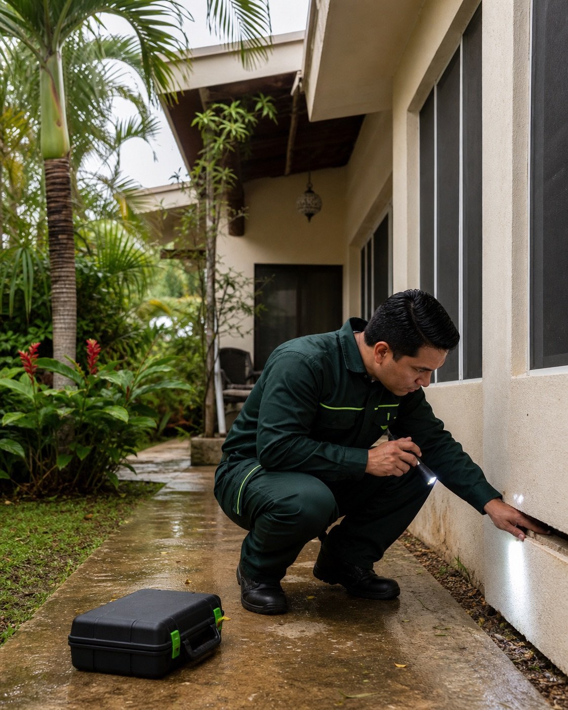 Técnico revisando el exterior de una vivienda en un entorno tropical