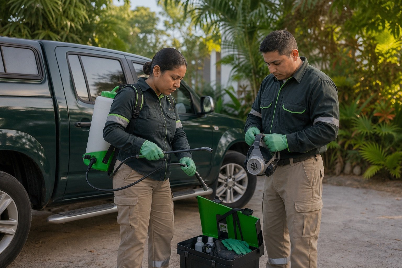 Equipo técnico preparando material antes de una visita